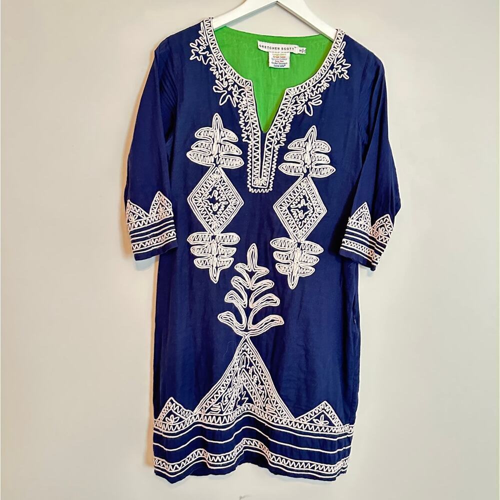 Gretchen Scott Small Blue Embroidered Vacation Passamentrie Mini Dress Cotton - Picture 2 of 11